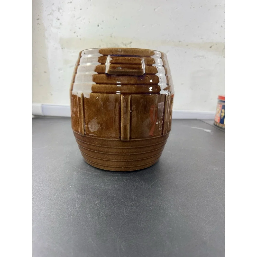 Vintage Ceramic Brown Barrel Cookie Jar Kitchen‎ Craft Storage no lid